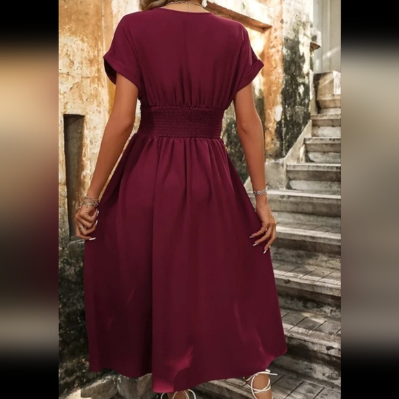 GOMORN l flowy chiffon burgandy midi slip on smock waist surplice batwing sleeve - Picture 8 of 13